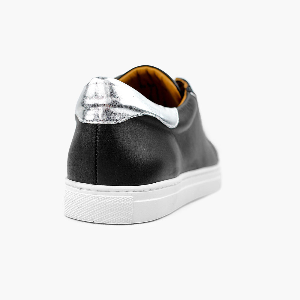 Sneaker femme  cuir noir argent confort semelles amovibles