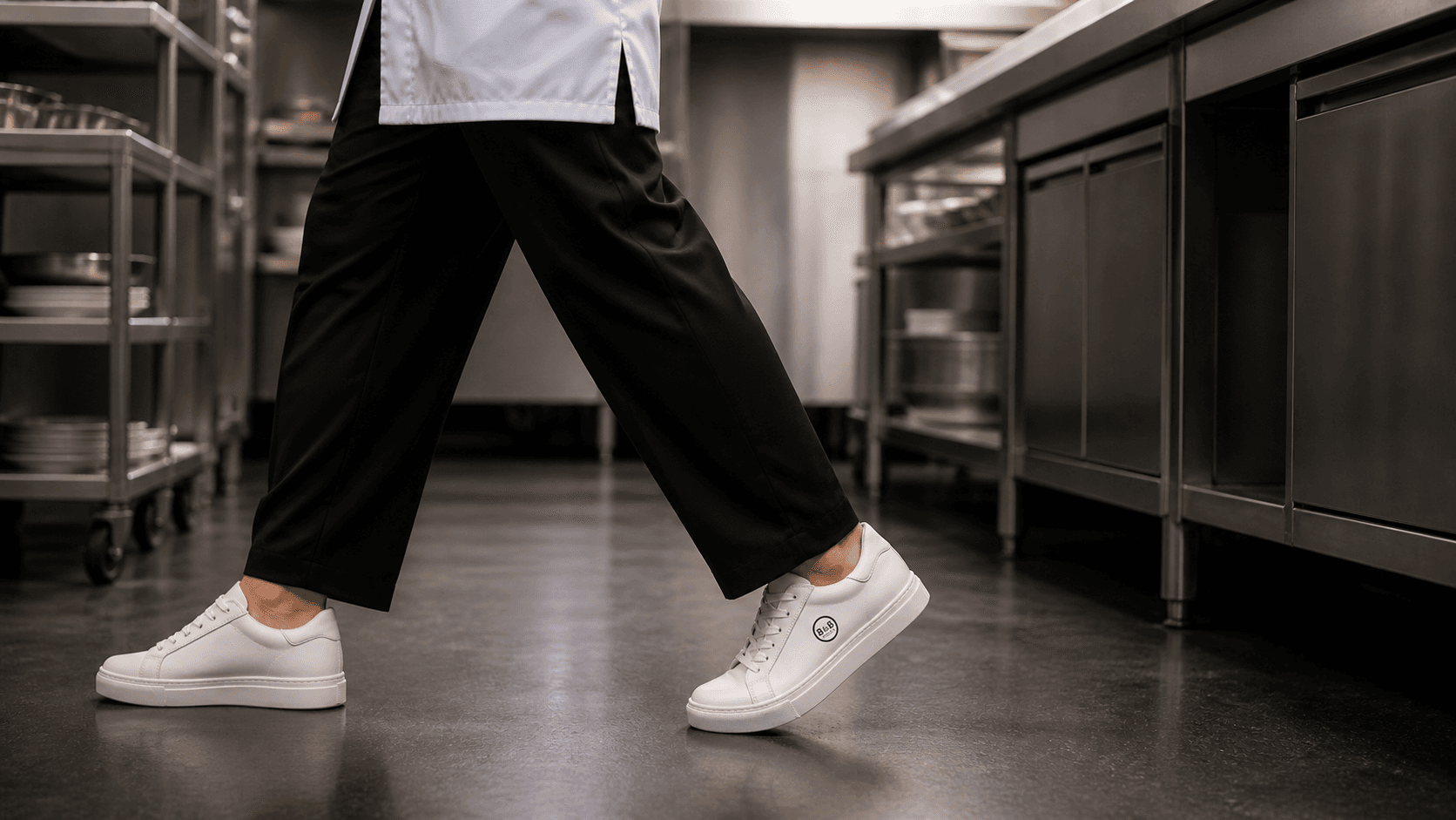 Karl & Max shoes worn in a professional kitchen