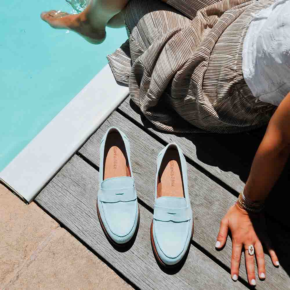 Mocassins bleu ciel confortable femme hallux valgus